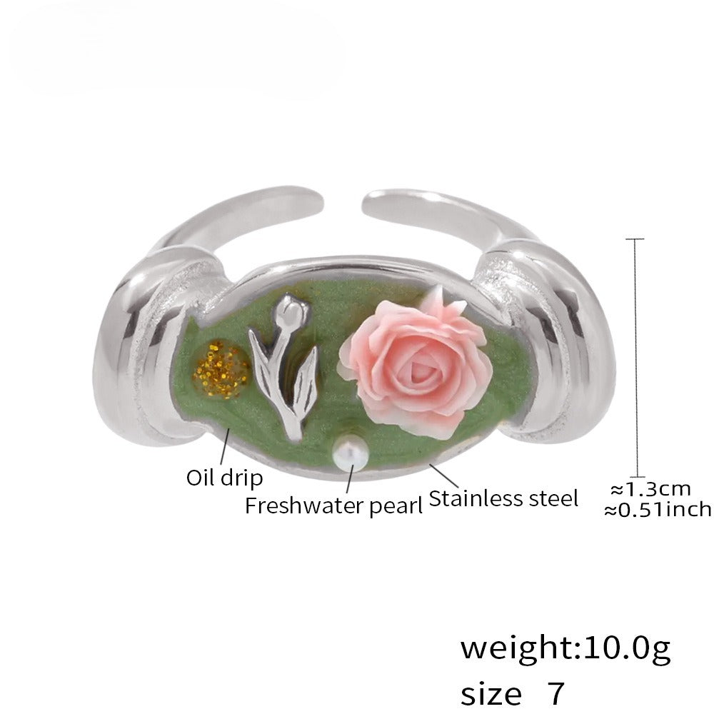 Planderful Pearl Embossed Stainless Steel Ring Size 7 Women