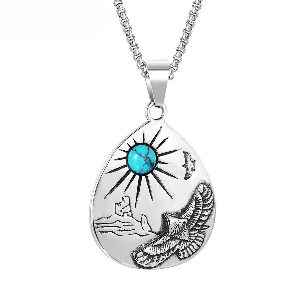 Planderful Blue Turquoise Vintage Eagle Pendant Necklace Titanium Steel Unisex Protection Statement Jewelry
