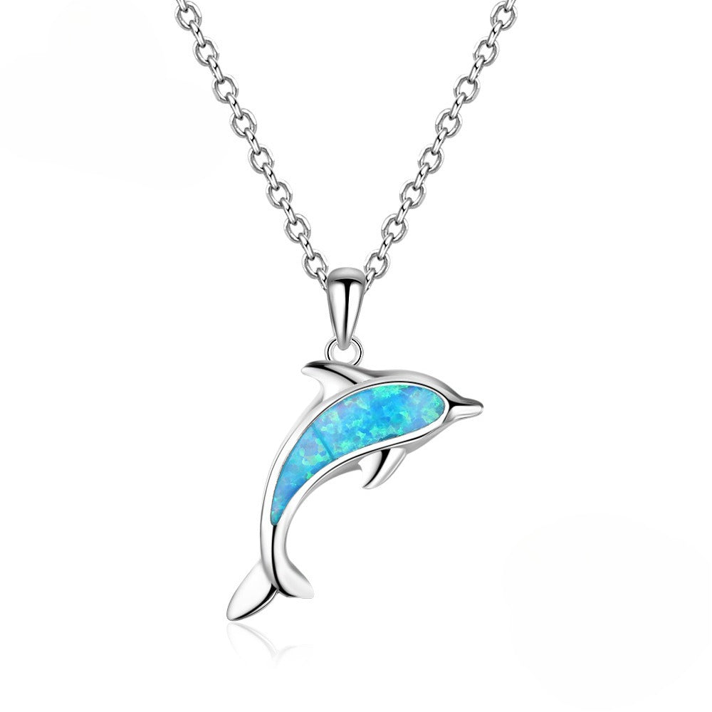 Planderful Jewelry Opal Dolphin Necklace Sterling Silver