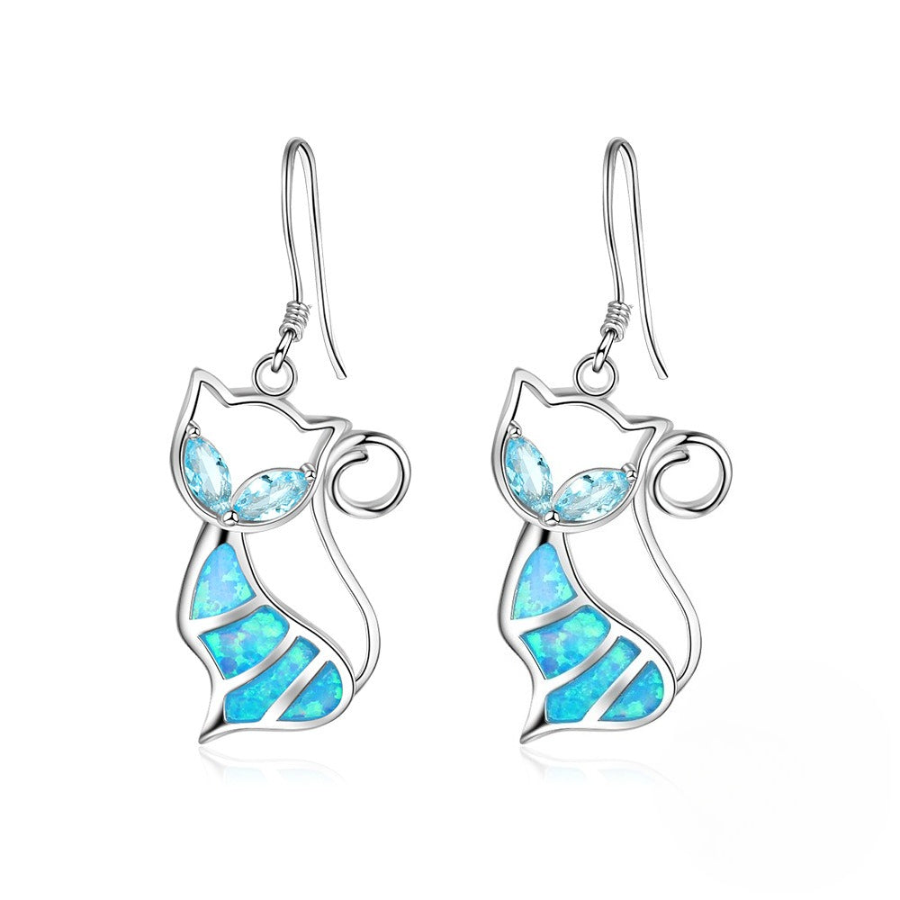 Planderful Jewelry Opal Cat Earrings In Sterling Silver With Light Blue Zircon Eyes