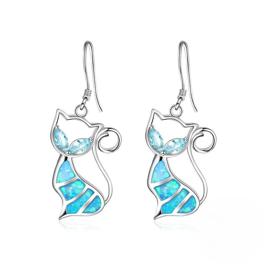 Planderful Jewelry Opal Cat Earrings In Sterling Silver With Light Blue Zircon Eyes