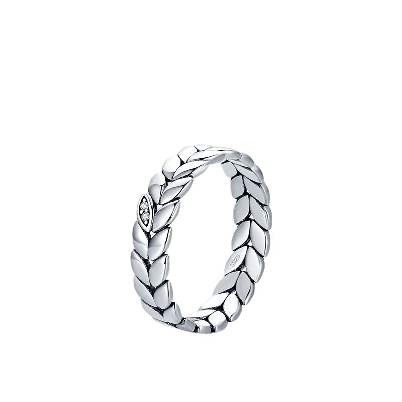 Stylish Sterling Silver Ring with Zircon Lucky Leaves Design