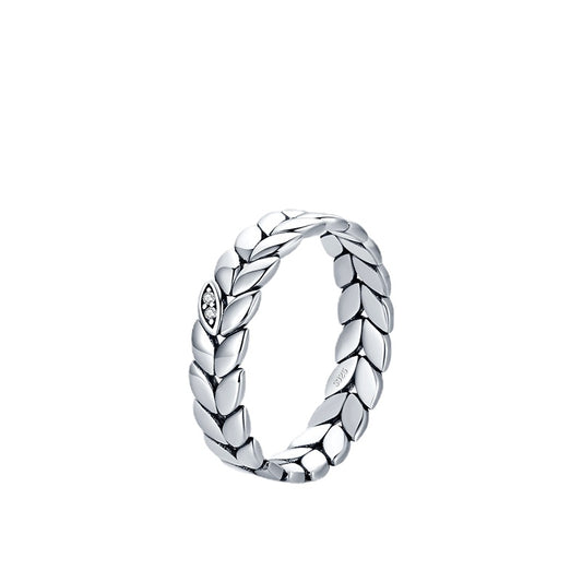 Stylish Sterling Silver Ring with Zircon Lucky Leaves Design