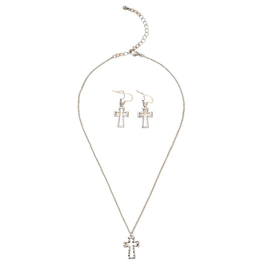 Bohemian Hollow Cross Necklace and Earrings Set with European Charm