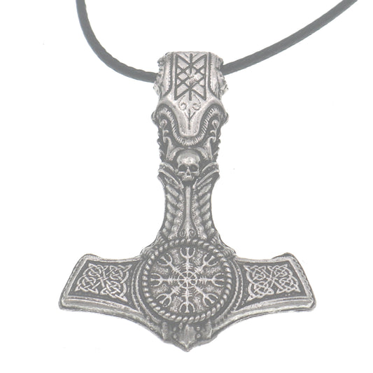 Viking Skull Thor Hammer Pendant with Compass Odin Totem Necklace