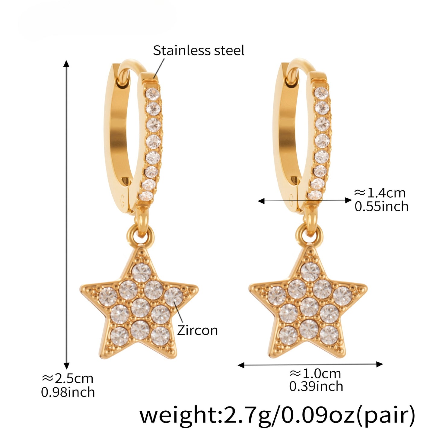 Planderful Zirconium Pentagram Earrings 18K Goldplated Bold