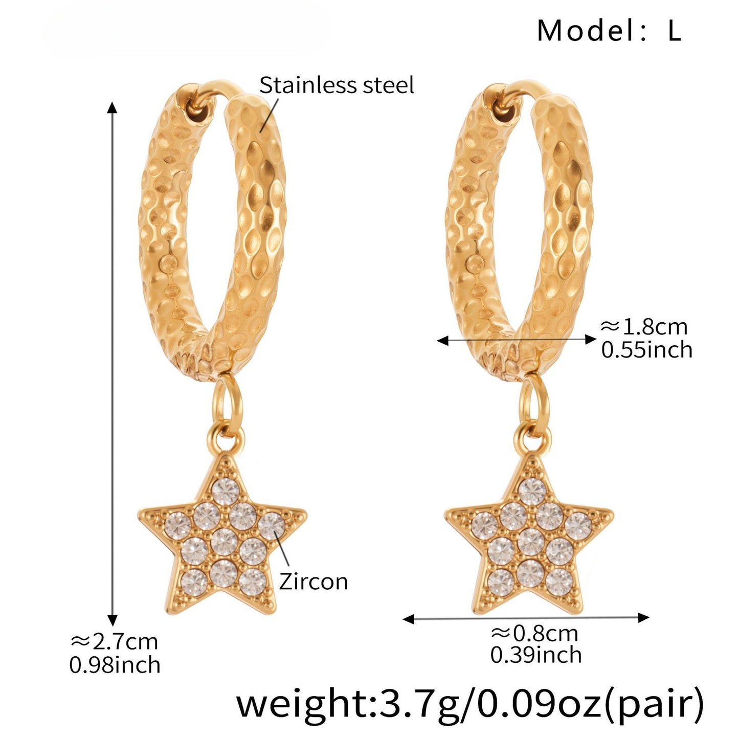 Planderful Zirconium Pentagram Earrings 18K Goldplated Bold