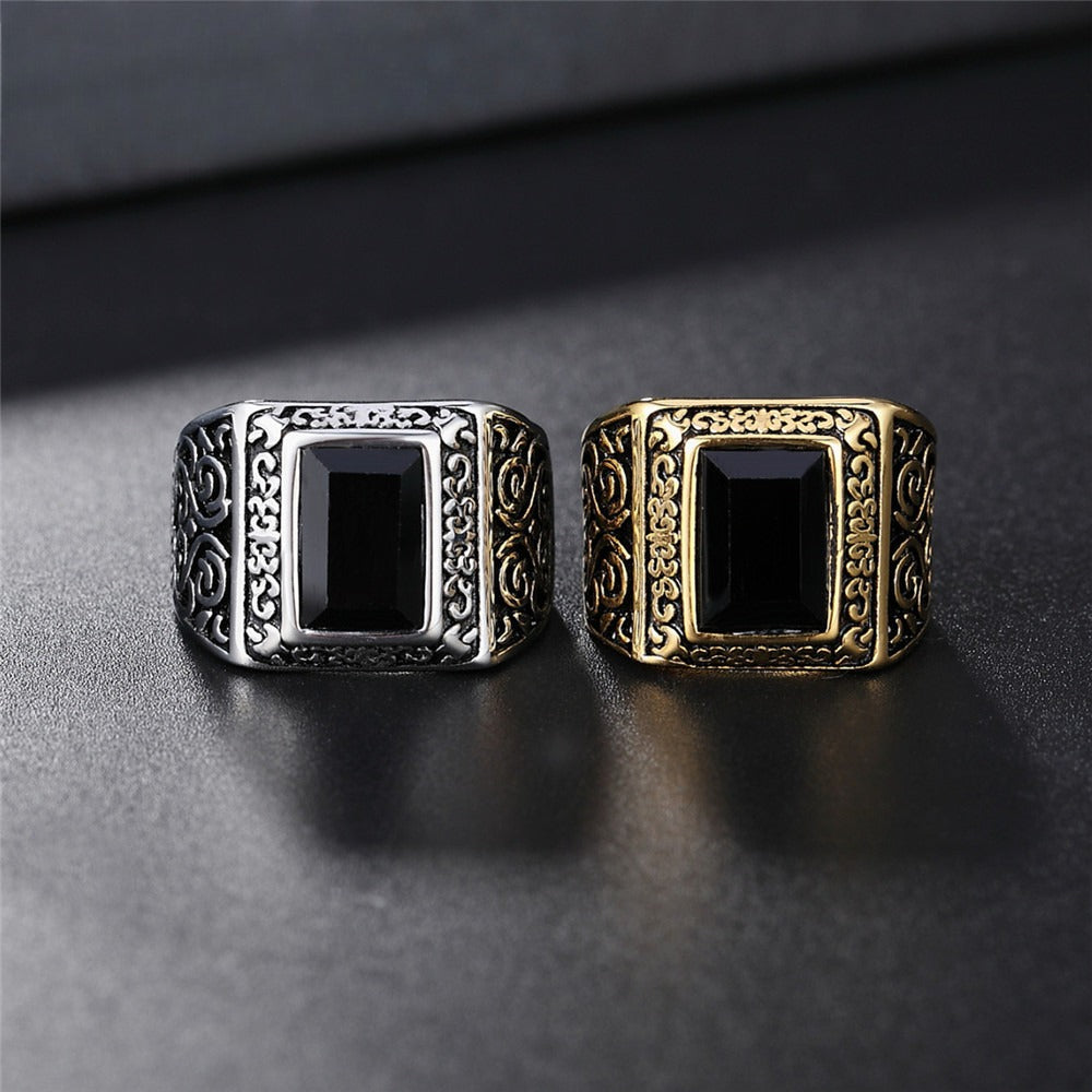 Planderful Mens Titanium Steel Ring Zircon Retro Pattern Unisex Jewelry Gift Everyday Genie Edition