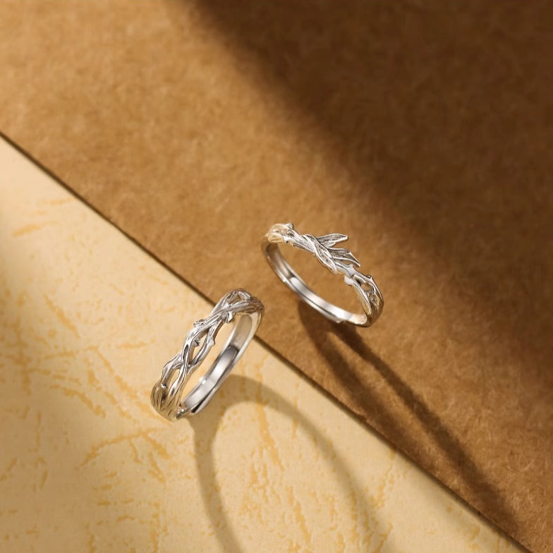 Planderful Sterling Silver Bird Couple Ring with Blue Eucalyptus Design Adjustable Gift for Him and Her