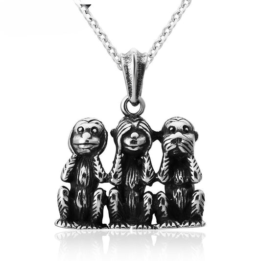 Planderful Three Monkey Pendant Titanium Steel Necklace Unisex Statement Jewelry For Men And Women