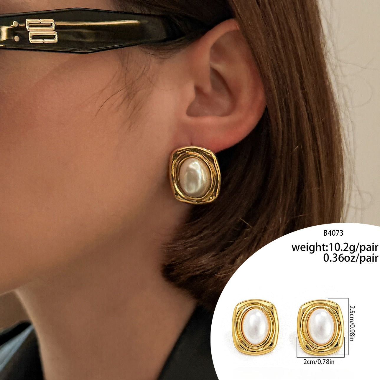 Planderful Stainless Steel Stud Earrings Tiger Stone Inlaid Geometric Pearl Square Statement For Trendsetting Women