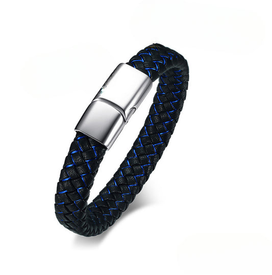 Stainless Steel Leather Bracelet Men's Microfiber Leather Bracelet Blue and Black