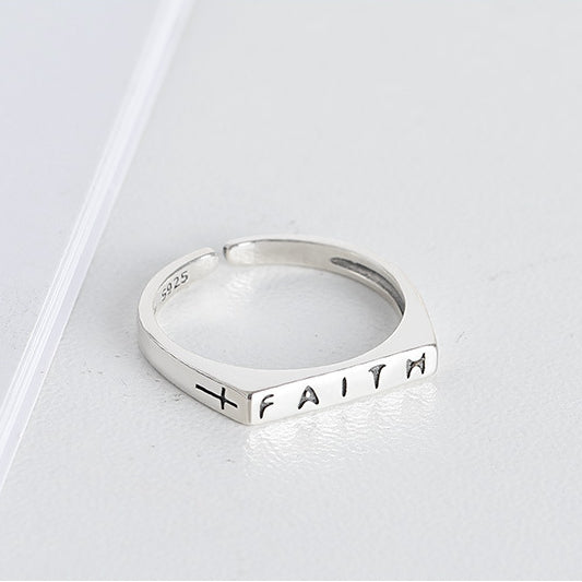 FAITH Letter Plane Polished Opening Sterling Silver Ring