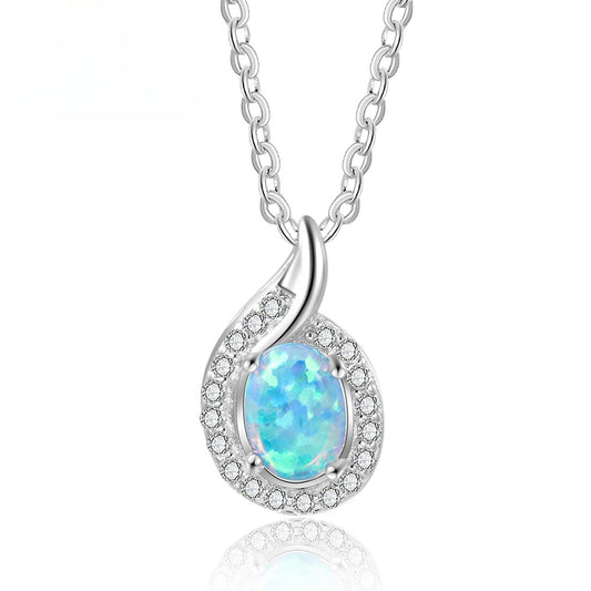 Oval Blue Opal Droplet Zircon Sterling Silver Necklace