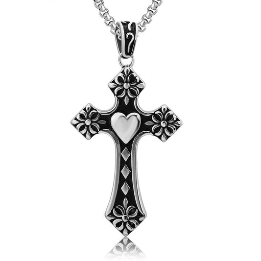 Peach Heart Flower Cross Titanium Steel Necklace for Men