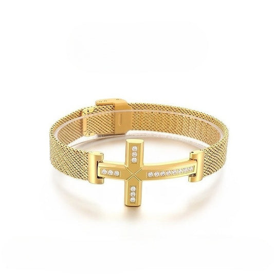 Planderful Men Titanium Steel Bracelet Zircon Cross Hip Hop