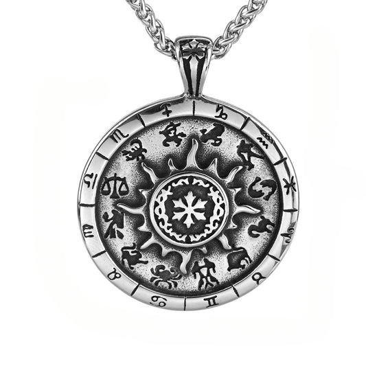 Twelve Constellation Star Compass Stainless Steel Necklace Pendant for Men