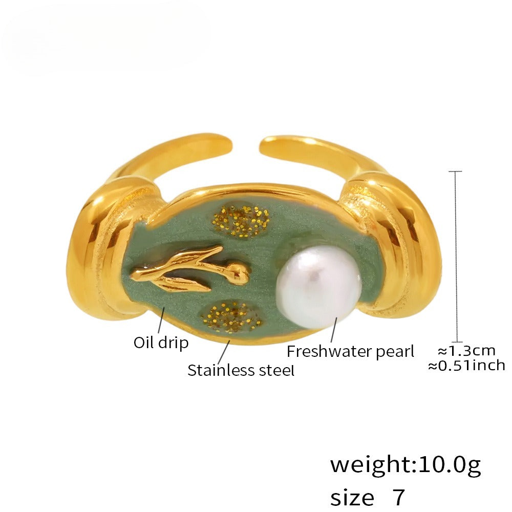 Planderful Pearl Embossed Stainless Steel Ring Size 7 Women