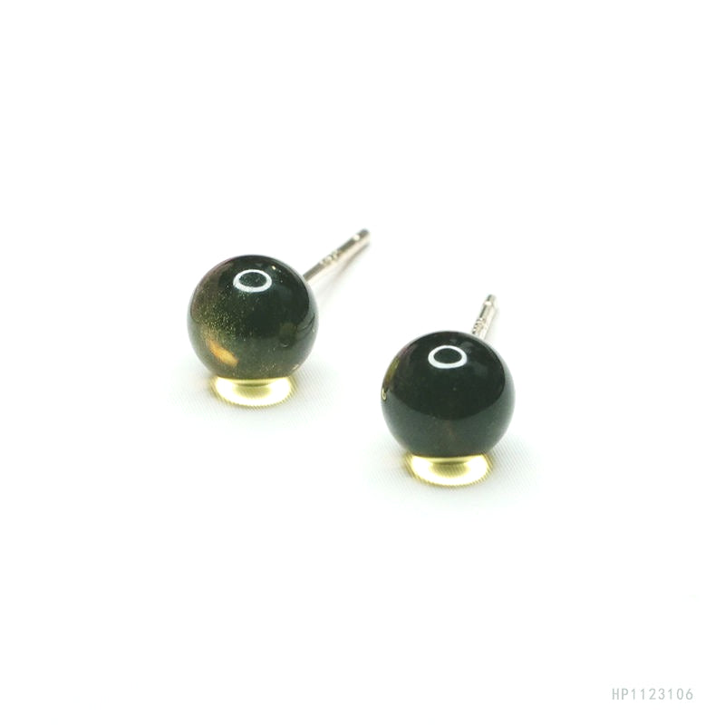 Blue Amber Bead 925 Silver Stud Earrings