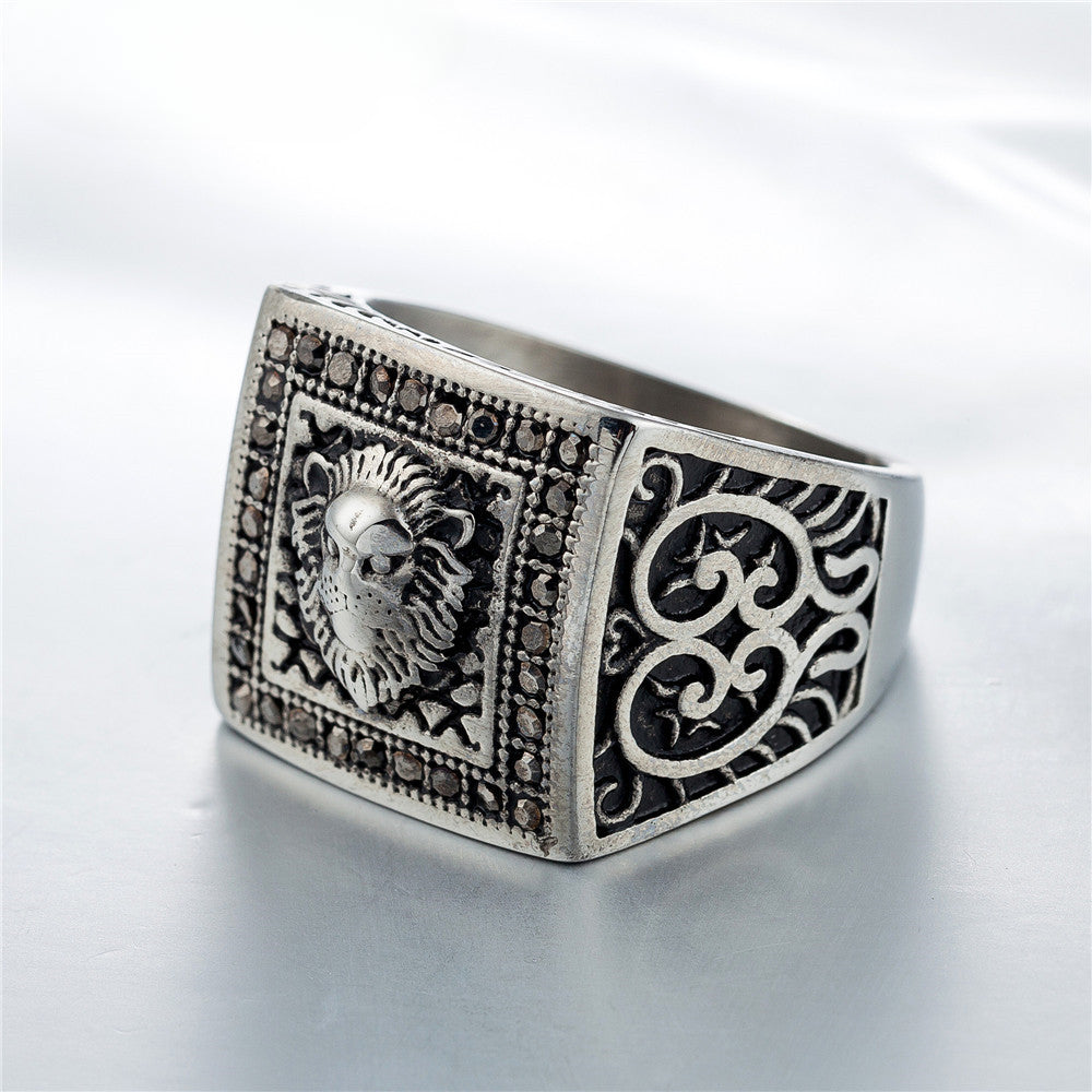 Lion Head Relief Square Surface Zircon Titanium Steel Ring for Men