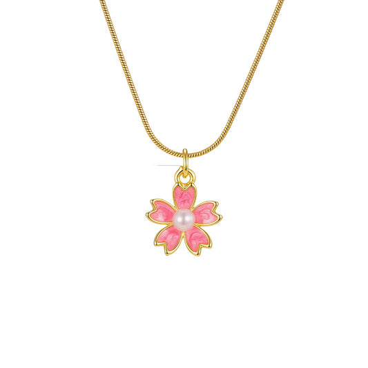 Ladies Pink Oil Drop Flower Imitation Pearl Pendant Necklace – Copper Sweet Flower