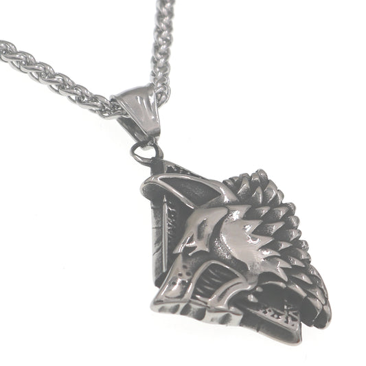 Viking Odin Wolf Head Stainless Steel Pendant Necklace with Titanium Steel Chain