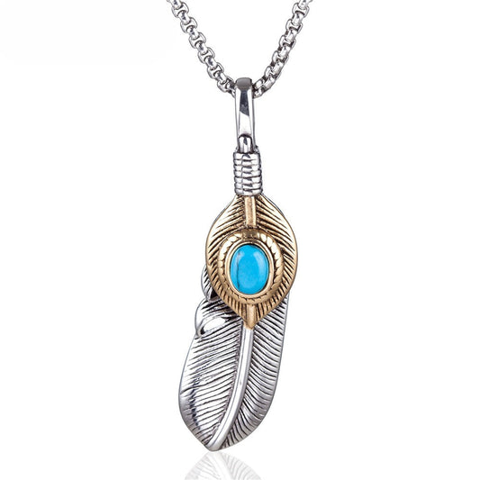 Planderful Feather Pendant Necklace Turquoise Feather Protection Unisex Titanium Steel Jewelry