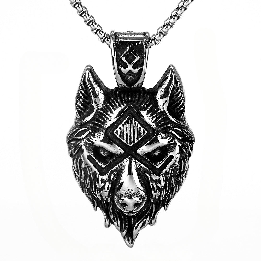 Vintage Viking Rune Wolf Head Stainless Steel Pendant Necklace