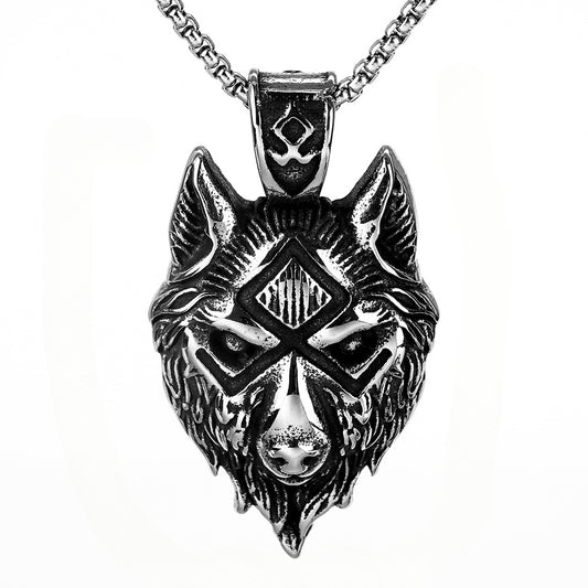 Vintage Viking Rune Wolf Head Stainless Steel Pendant Necklace