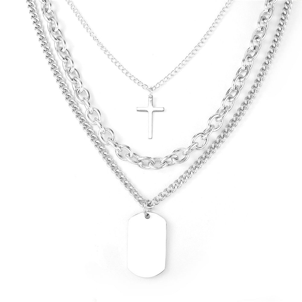 Planderful Stainless Steel Necklace Unisex Multilayer Cross Pendant Long Statement Jewelry