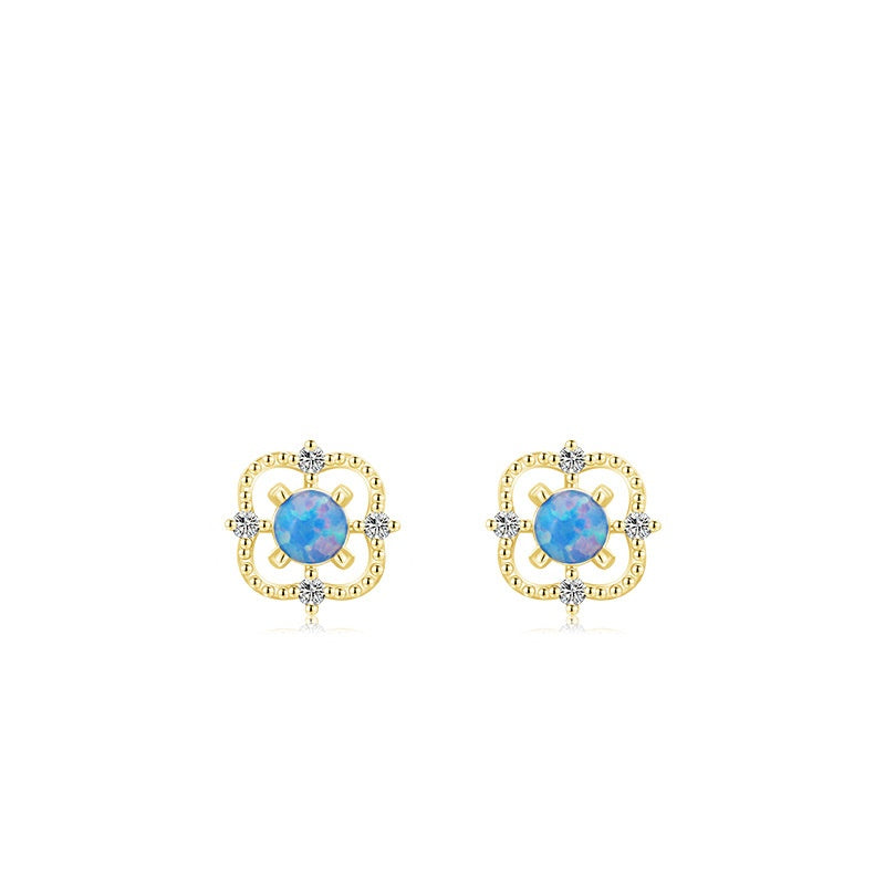 Square Opal and Zircon Sterling Silver Earrings