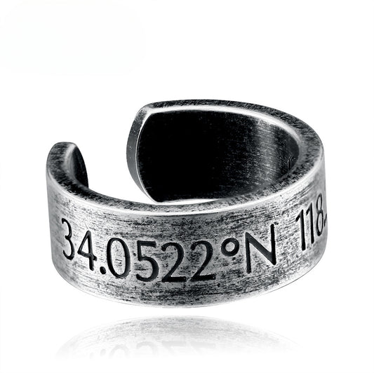 Customizable Titanium Steel Couples Ring with Latitude and Longitude Coordinates Design for Him and Her