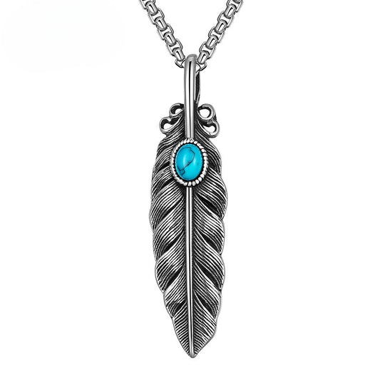 Steel Necklace – Vintage Feather Turquoise Pendant
