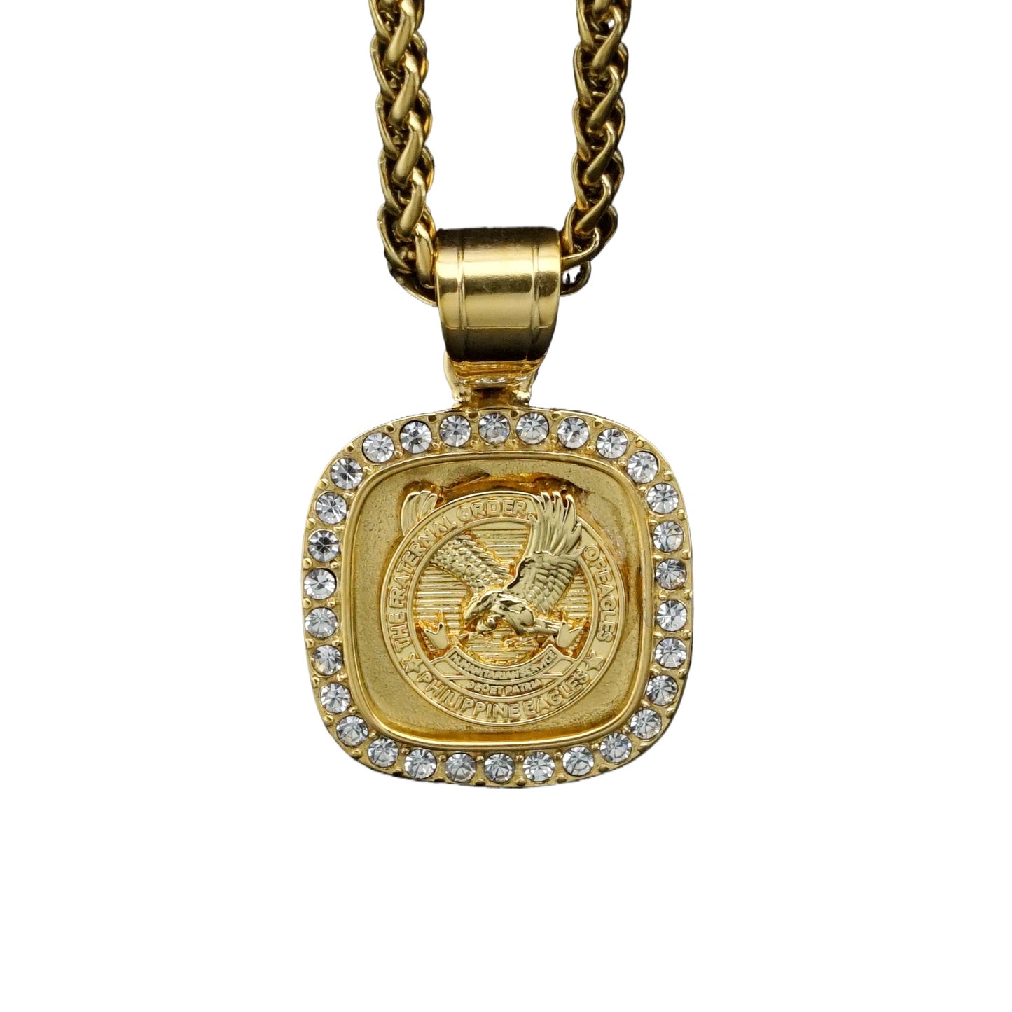 Planderful Square Eagle Pendant Necklace Unisex Gold Plated Zircon Stainless Steel Protection Statement Piece
