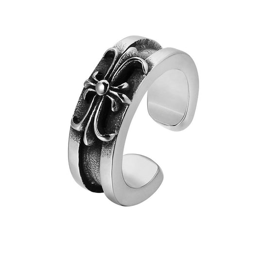 Cross Flower Grooved Opening Titanium Steel Ring for Men
