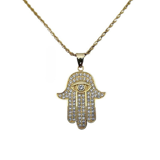 Planderful Hip Hop Necklace With Fatima Hand Pendant In Titanium Steel Gold Plated Zircon For Urban Fashion Fans