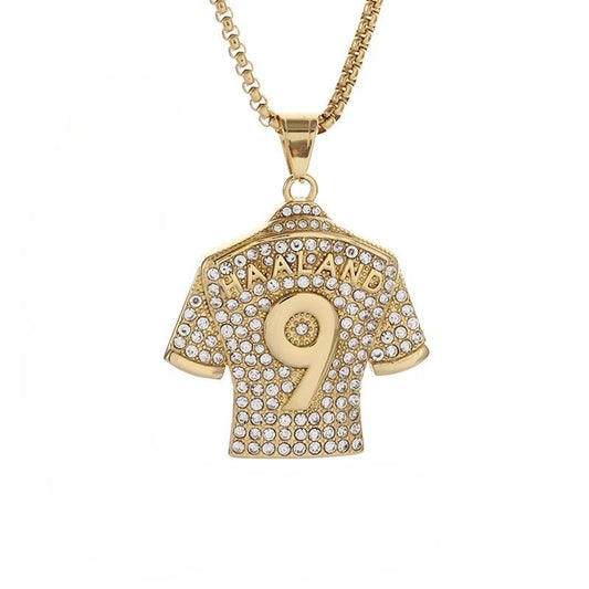 Planderful Bold Hip Hop Necklace Titanium Steel Gold Plated Zircon Football Jersey No 9 Pendant For Men
