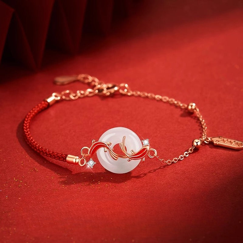 Planderful Sterling Silver Koi And Tian Jade Safety Buckle Bracelet Red Rope For Girlfriend Gift