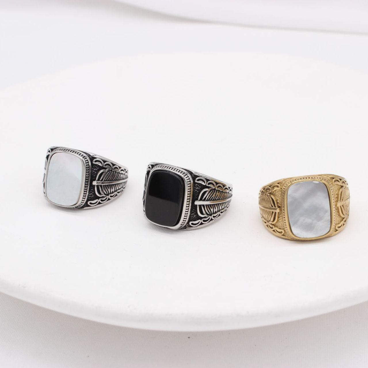 Planderful Everyday Genie Men Titanium Steel Ring With Feather Gem Design Unisex Protection Statement
