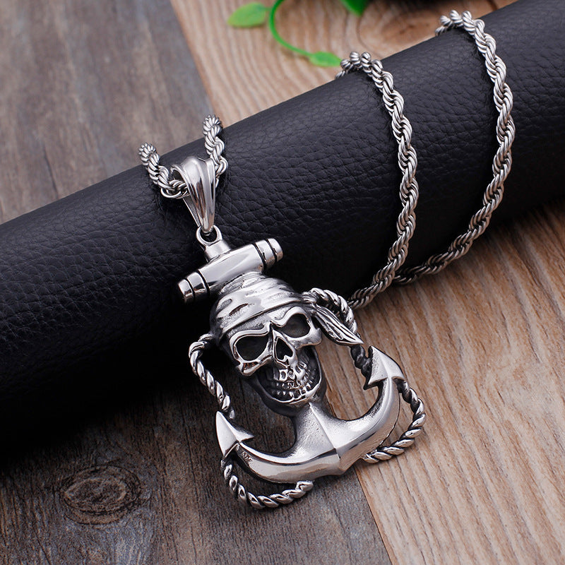 Pirate Skull Anchor Pendant with Cross Hook Design