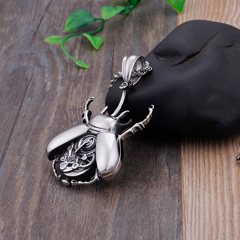 Titanium Steel Mechanical Gear Beetle Pendant for Men - European and American Stainless Steel Design