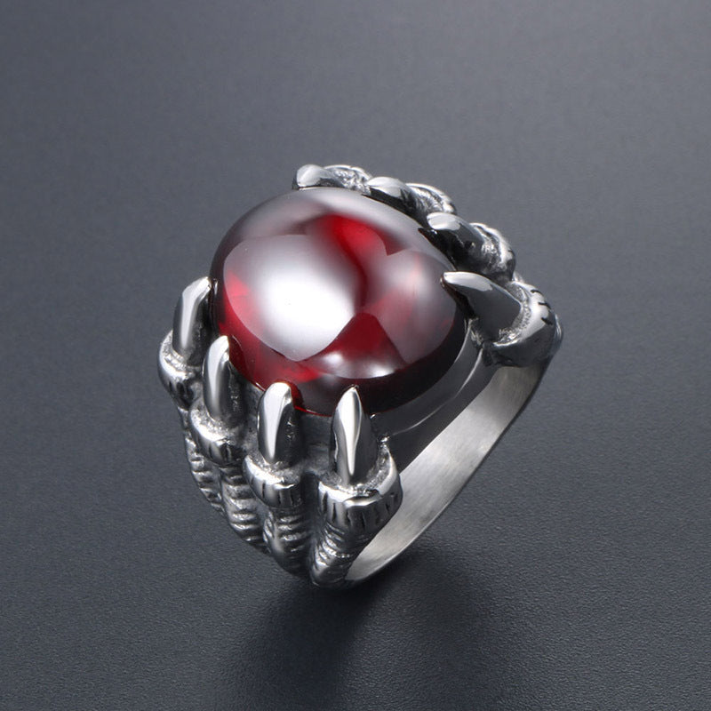 Men's Vintage Dragon Claw Ring in Titanium Steel with Bold Red Stone