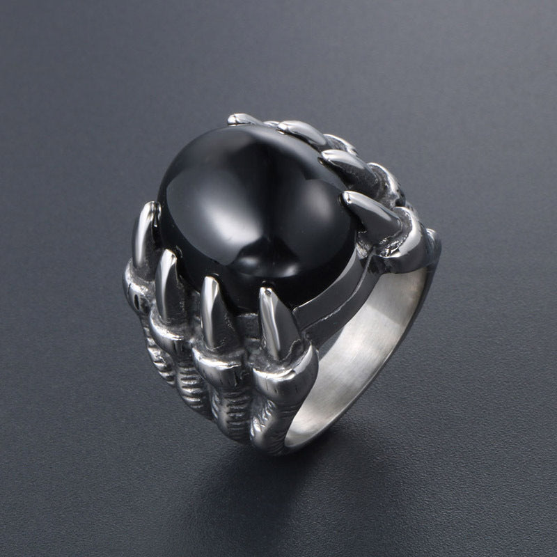 Men's Vintage Dragon Claw Ring in Titanium Steel with Bold Red Stone