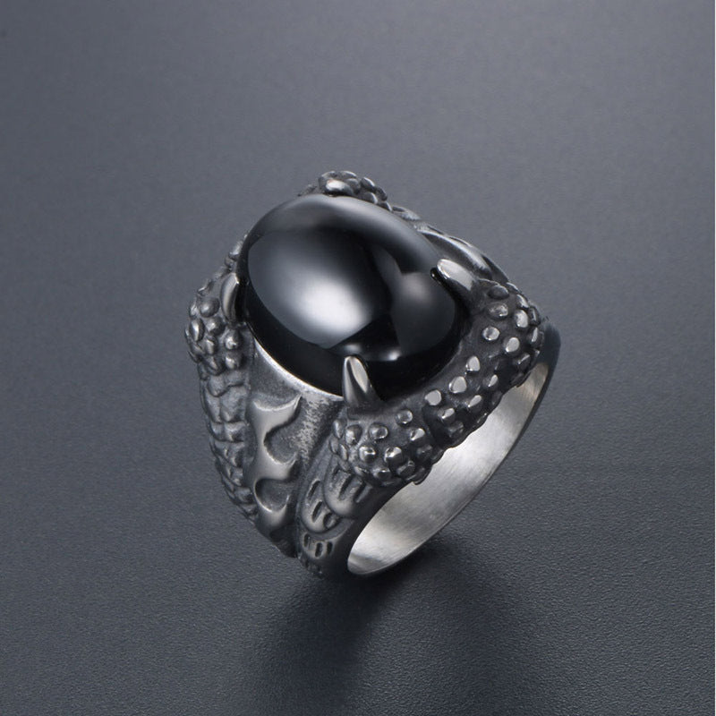 Titanium Steel Dragon Claw Men's Ring with Black Red Stone - Korean Trendy Accessory for Domineering Style