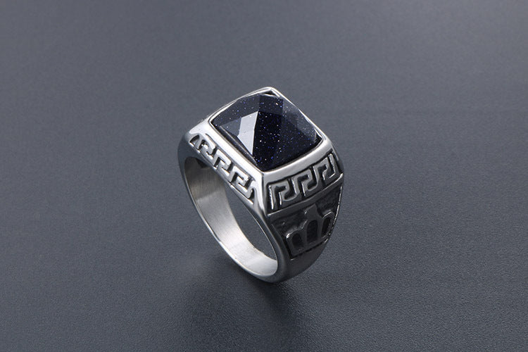 Korean Style Titanium Steel Couple Ring With Blue Sandstone