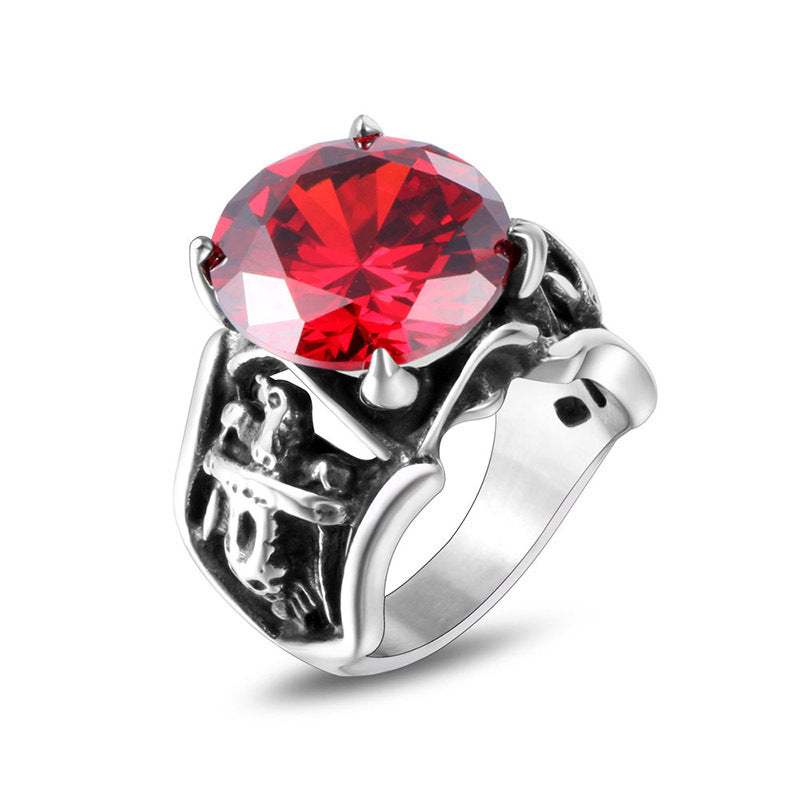 Retro Bold Red Zircon Titanium Steel Couple Ring for Men - European and American Style