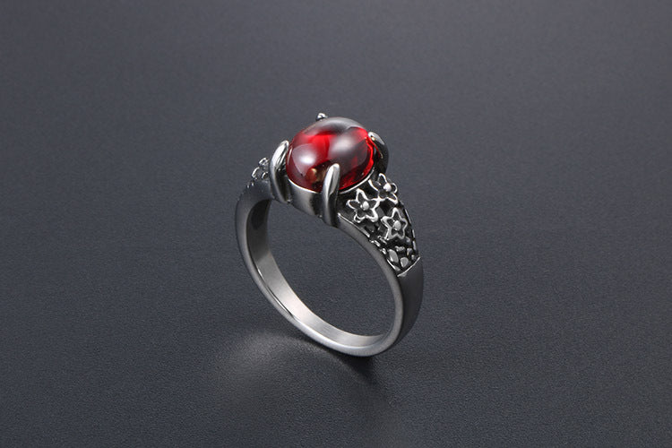 Retro Flower Stainless Steel Gemstone Ring For Couples