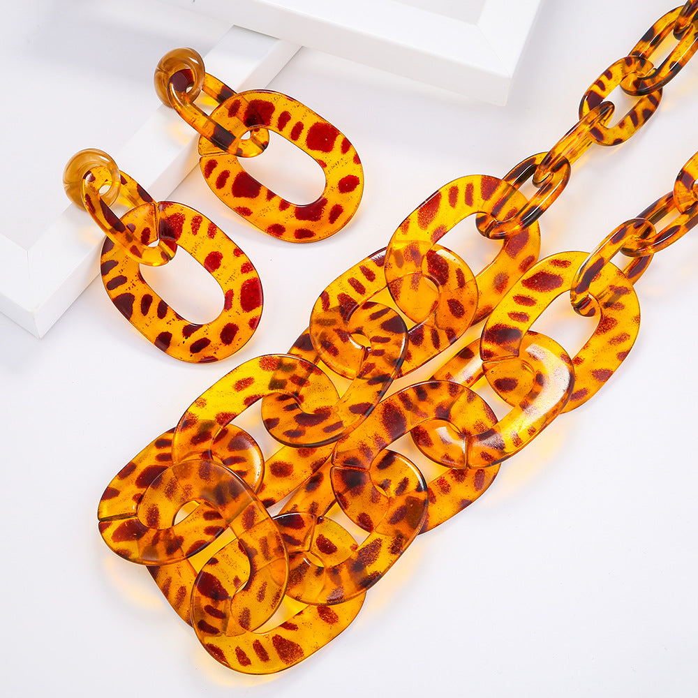 Leopard Resin Necklace Set with Acetic Acid Earrings and Cross-border Jewelry Supply Suit