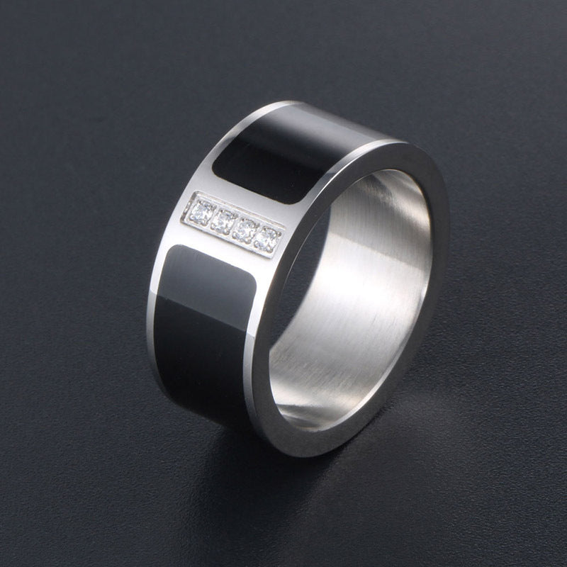 Titanium Steel Couple Rings with Black and White Zircon - Beijing Love Story Non-Fading Design for Men and Women