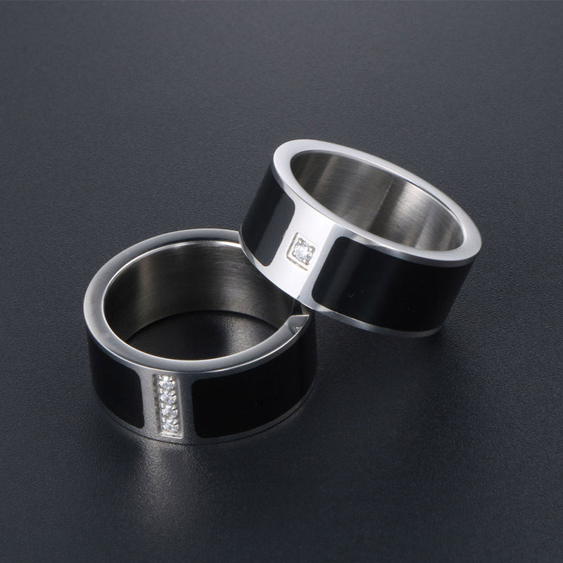 Titanium Steel Couple Rings with Black and White Zircon - Beijing Love Story Non-Fading Design for Men and Women